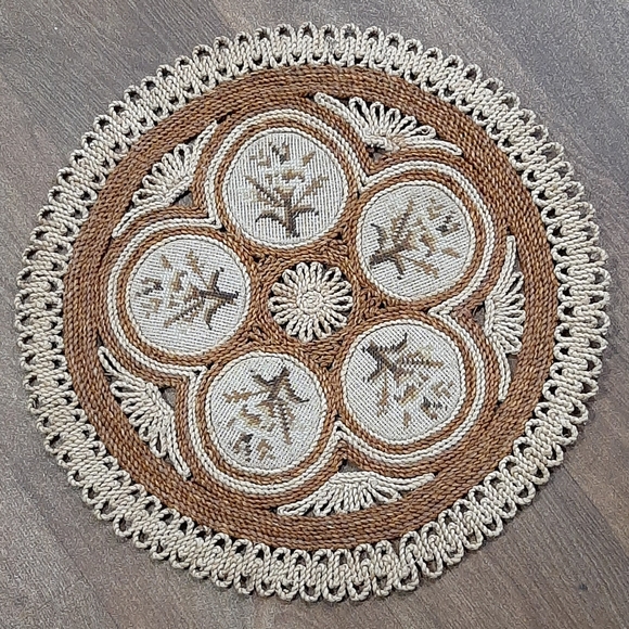 Large Straw Rattan Woven Needlepoint Center Table Top Trivet or Wall Hanging 18" - Picture 1 of 5